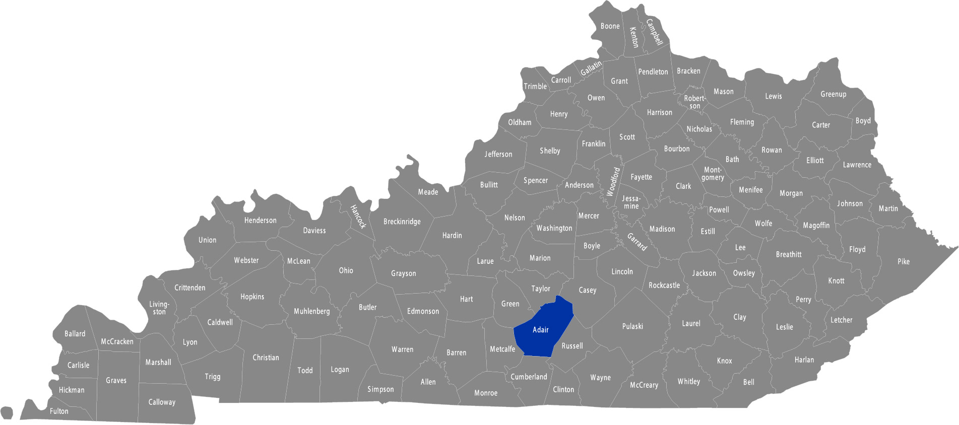 State of Kentucky map with Adair County highlighted 